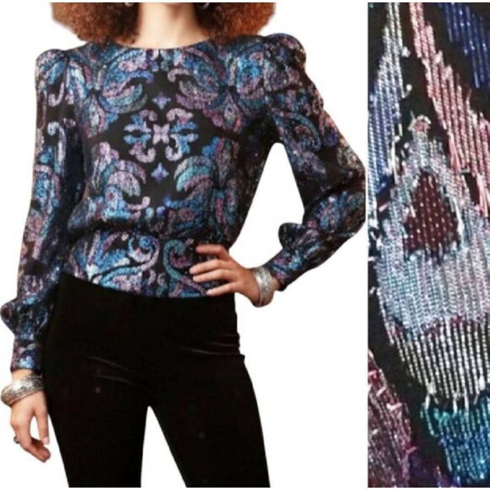VTG 70s Rimini Black Blue Lurex Metallic‎ Long Sleeve Panelled Hem Blouse Medium